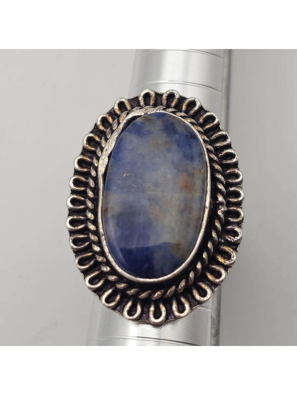 Women's Blue Sodalite Gem Stone  Silver Tone Oval Cabochon Ring Size 7